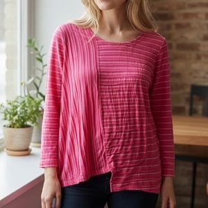 HABITAT | Pink Pintuck Asymmetrical Striped Artsy Cotton Long Sleeve Top | L